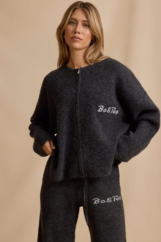 Oversized Zip-Up Cardigan in Charcoal Marl - Size:L